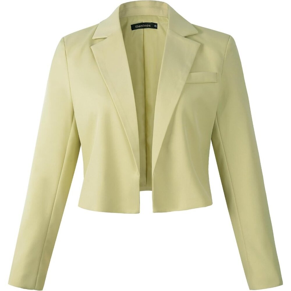 Women's Long Sleeves Open Front Cropped Blazer Jacket Green Front Pocket